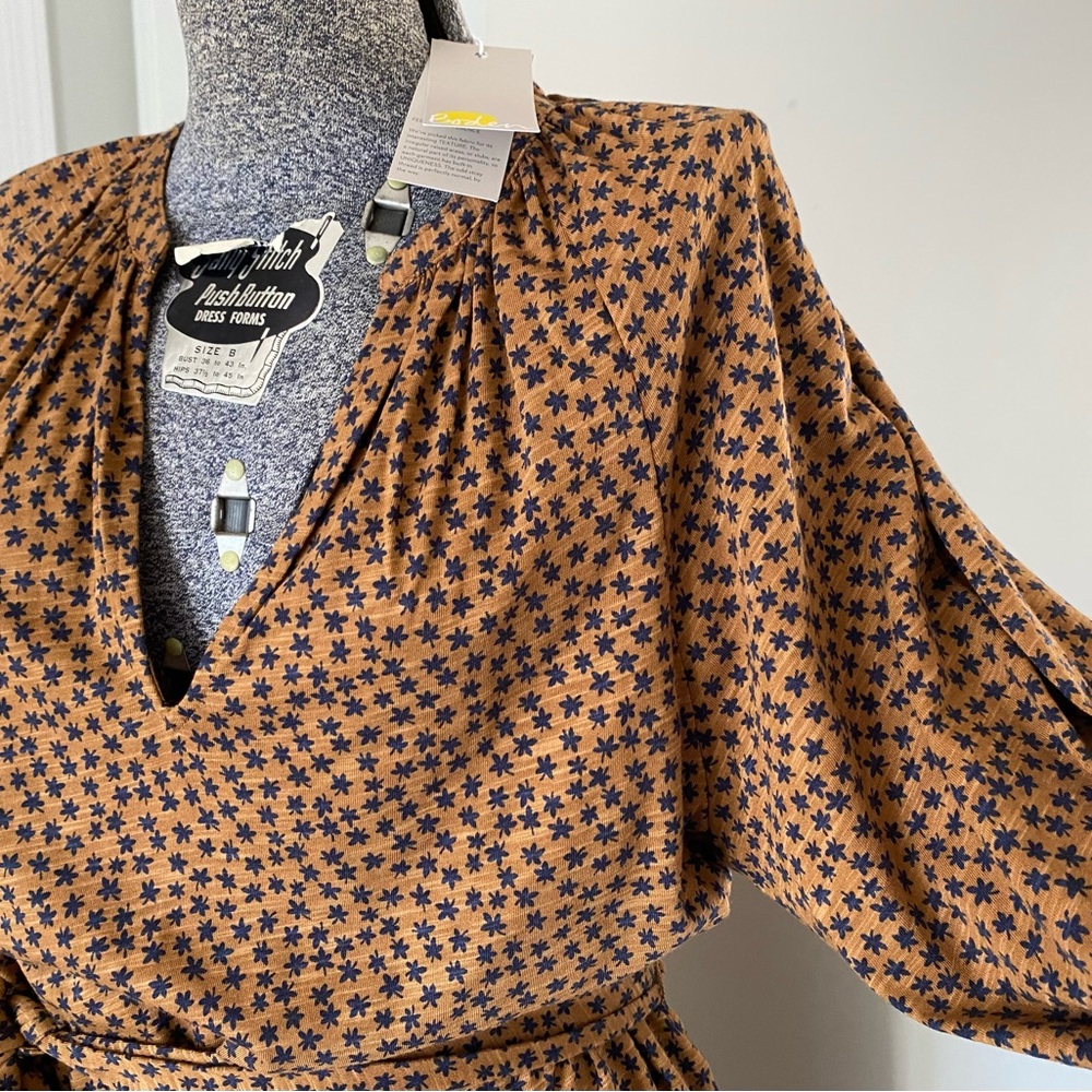 NWT Boden 12R MIDI Dress Golden Brown Navy w/ POCKETS V Neck Cotton MODAL